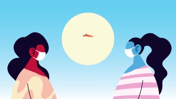 Mulheres usando máscaras médicas para covid19 com sinal de contato não aperto de mão — Vídeo de Stock