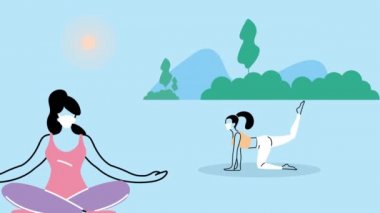 Kovid19 önleme tatbikatı ve yoga için tıbbi maskeler takan genç kadınlar