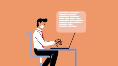 Genç işadamı covid19 önleme için tıbbi maske takıyor. Laptop kullanıyor.