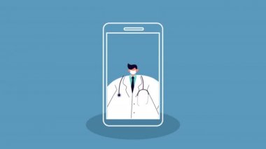 Akıllı telefon e-sağlık uygulamasında kovid19 için tıbbi maske takan doktor.