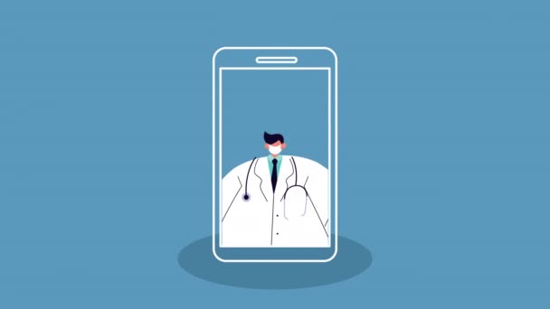 Arts met medisch masker voor gezelschap19 in smartphone ehealth app — Stockvideo