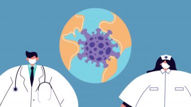 Dünya gezegeniyle kovid19 için tıbbi maske takan doktorlar.