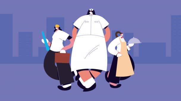 Grupo de profissionais trabalhadores vestindo personagens máscaras médicas — Vídeo de Stock