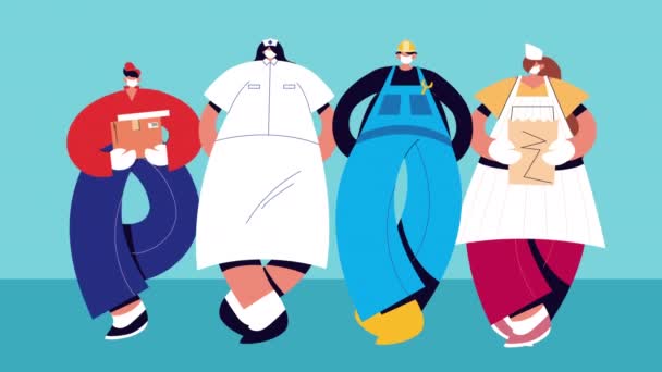 Ομάδα επαγγελματιών εργαζομένων που φορούν ιατρικές μάσκες χαρακτήρες — Αρχείο Βίντεο