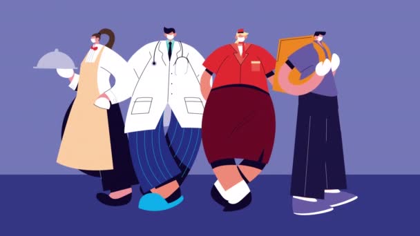 Grupo de profissionais trabalhadores vestindo personagens máscaras médicas — Vídeo de Stock