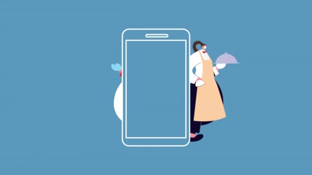 Chef y camarero en smartphone con máscara médica para la protección covid19 — Vídeos de Stock