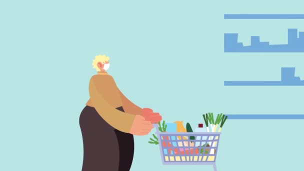 Tıbbi maske takan ev hanımı, süpermarkette kovid19 korunması için market alışverişi yapıyor. — Stok video