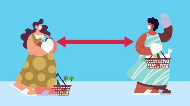Hausfrauen mit medizinischen Masken kaufen Lebensmittel für Covid19 mit sozialer Distanz — Stockvideo