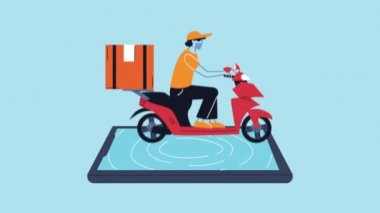 Motorsiklet teslimat animasyonunda kuryeli akıllı telefon