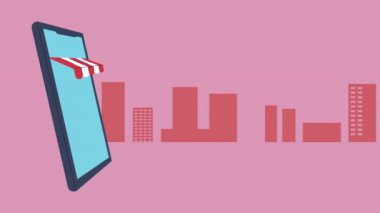 Alış veriş arabalı akıllı telefon. Elektronik animasyon.