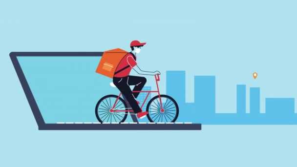 Laptop mit Kurier in Fahrrad-Lieferservice-Animation — Stockvideo