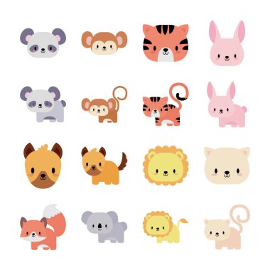 Bir grup ikon hayvan bebek Kawaii, düz stil ikonu