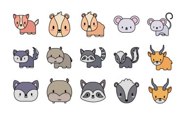 Bir grup ikon hayvan bebek kawaii, çizgi ve biçim simgesi