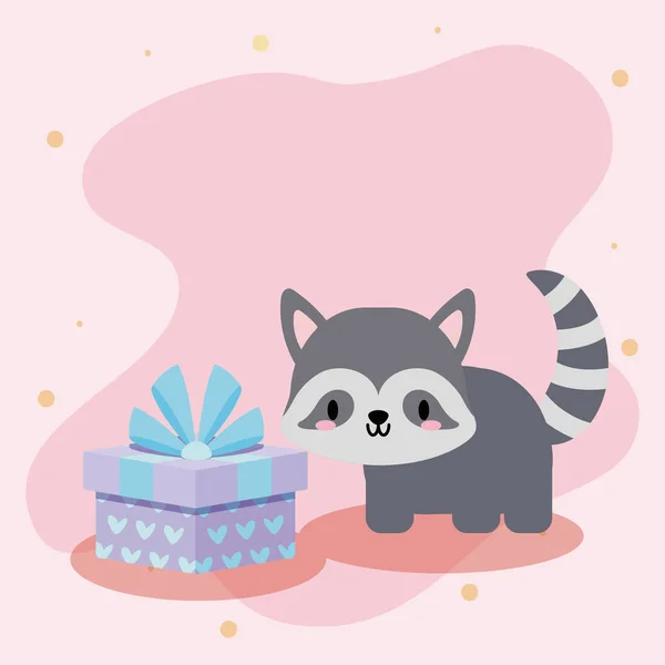 Tarjeta de cumpleaños lindo con mapache kawaii — Vector de stock