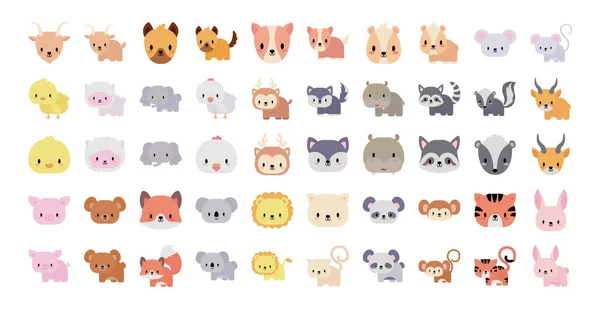 Conjunto de iconos animales bebé kawaii, icono de estilo plano — Vector de stock