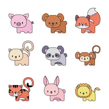 Bir grup ikon hayvan bebek kawaii, çizgi ve biçim simgesi
