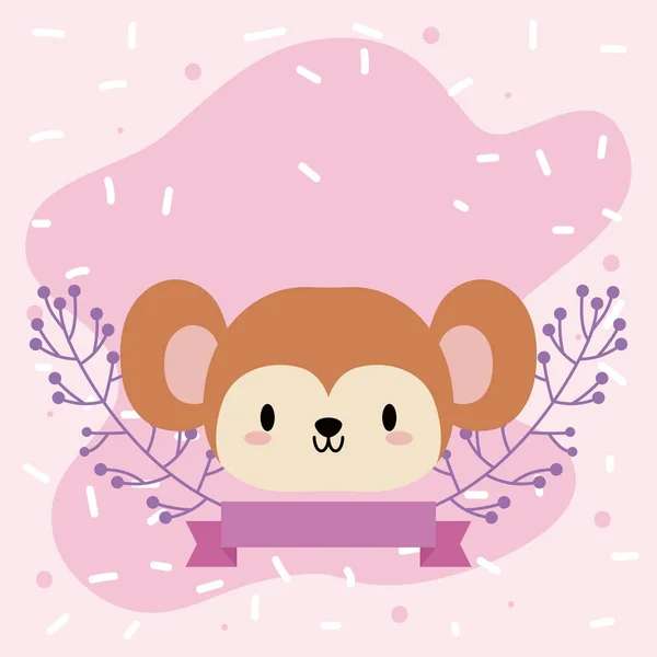 Cute head of monkey baby kawaii with decor — Stock Vector