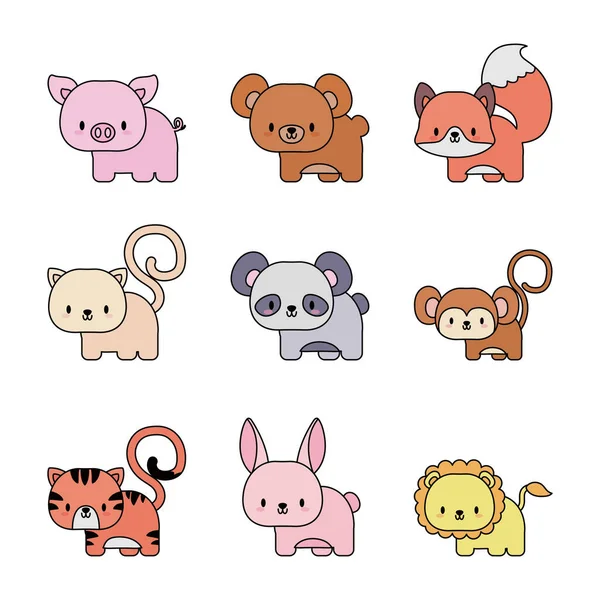 Set von Symbolen Tiere Baby Kawaii, Linie und Füllung Stil-Symbol — Stockvektor