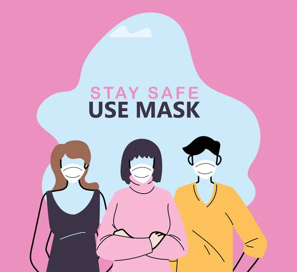 Lidé používající masku pro bezpečnost a prevenci — Stockový vektor