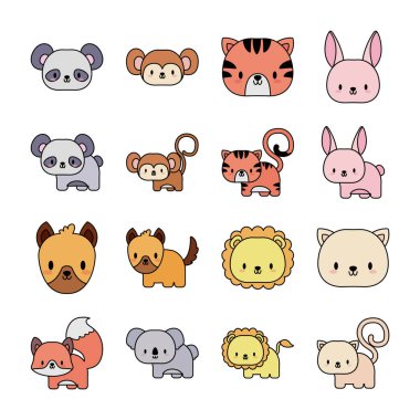 Bir grup ikon hayvan bebek kawaii, çizgi ve biçim simgesi