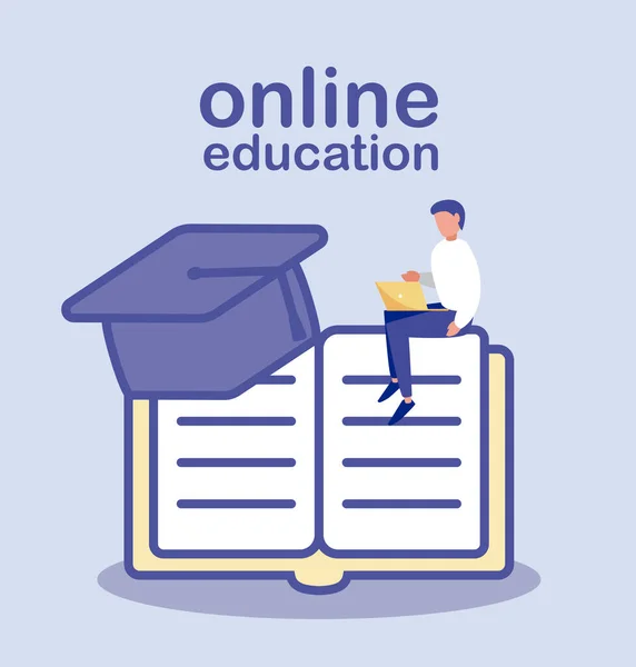 Homem com livro e chapéu de graduação, educação on-line — Vetor de Stock
