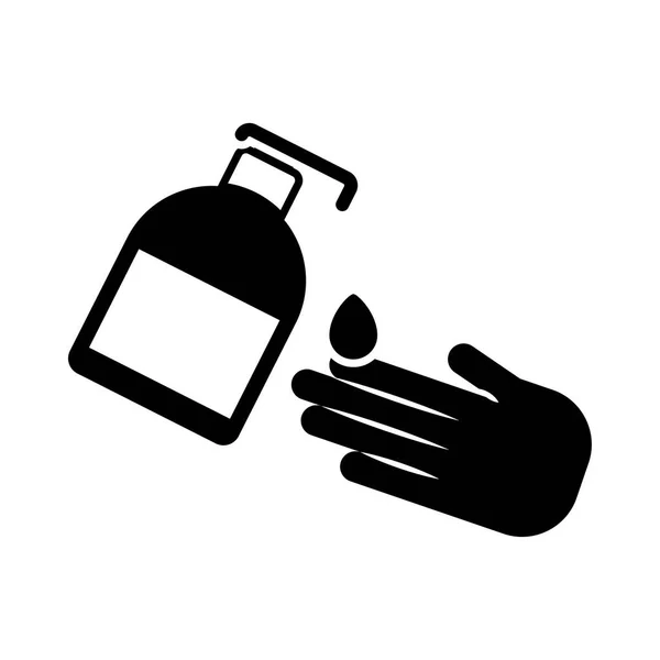 Hand with antibacterial gel bottle , silhouette style icon — Stock Vector