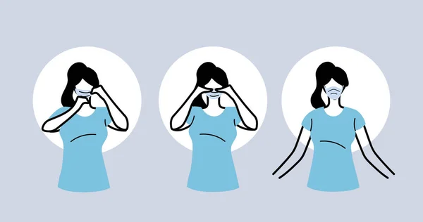 Jak správně nosit masku, ženy prezentující správnou metodu nošení lékařské masky — Stockový vektor