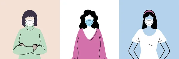 의료용 마스크를 쓰고 있는 일단의 여성 아바타 — 스톡 벡터
