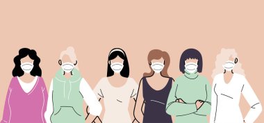 Koruyucu tıbbi maskeli insanlar, koronavirüsten korunan kadınlar.