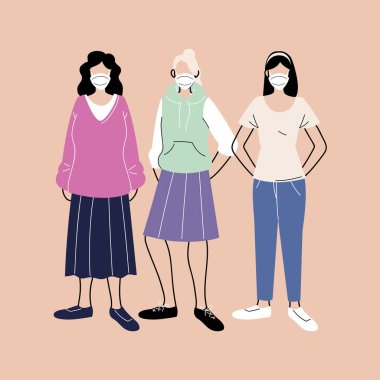 Koruyucu tıbbi maskeli insanlar, koronavirüsten korunan kadınlar.