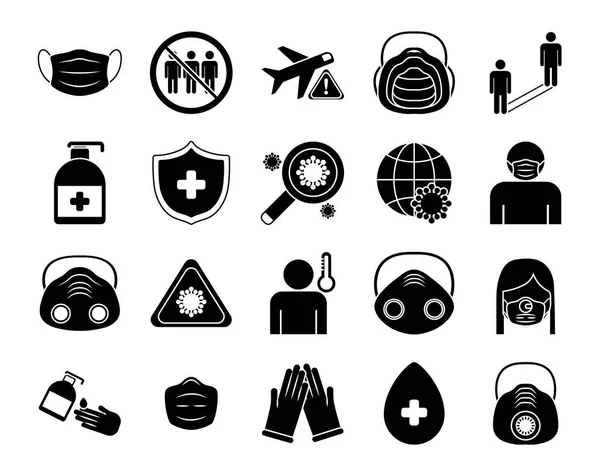 Set of icons prevention, protection of coronavirus , silhouette style icon — Stock Vector