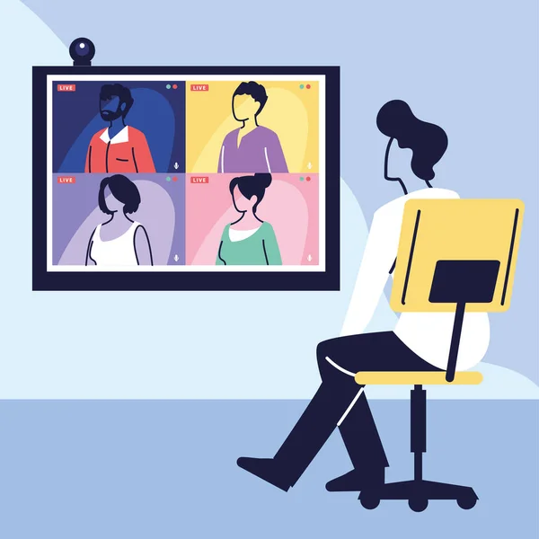 Homme utilisant l'ordinateur pour réunion virtuelle, vidéoconférence, travail à distance, technologie — Image vectorielle