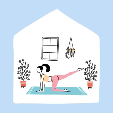 Evde kalıp yoga, izolasyon ve sosyal uzaklık yapan genç bir kadın.