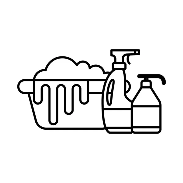 Balde e detergente garrafas linha estilo ícone vetor design —  Vetores de Stock