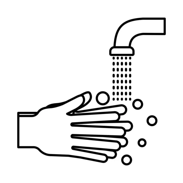 Lavar as mãos sob água torneira estilo linha ícone vetor design —  Vetores de Stock