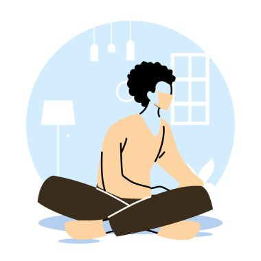 Maskeli kadın evde kalıp egzersiz yapıyor.