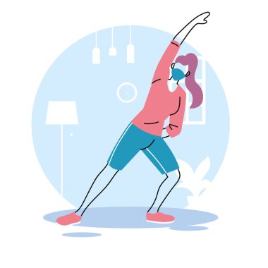 Maskeli kadın evde kalıp egzersiz yapıyor.