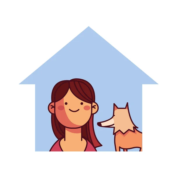 Chica y perro en casa sonriendo — Vector de stock