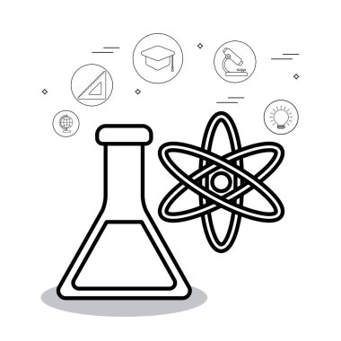 Atom ve simge kümesi vektör tasarımlı matara