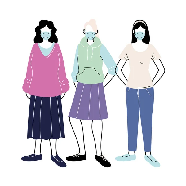 Unga kvinnor med medicinska masker stående på vit bakgrund — Stock vektor