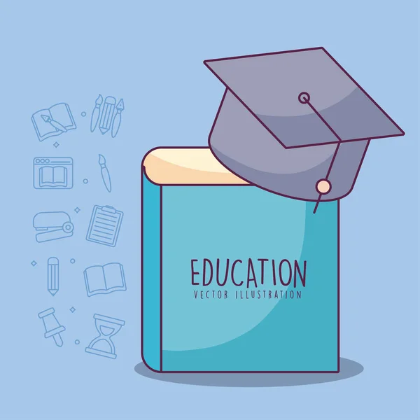 Graduatie cap op boek en pictogram set vector ontwerp — Stockvector