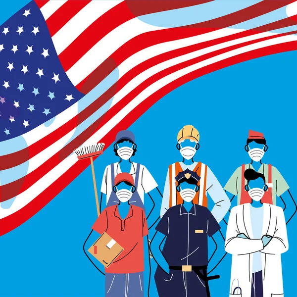 Pracownicy pierwszej linii w maskach na twarzy z flagą amerykańską — Wektor stockowy