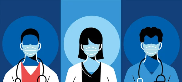 Vrouwelijke en mannelijke artsen met maskers en uniformen vector ontwerp — Stockvector