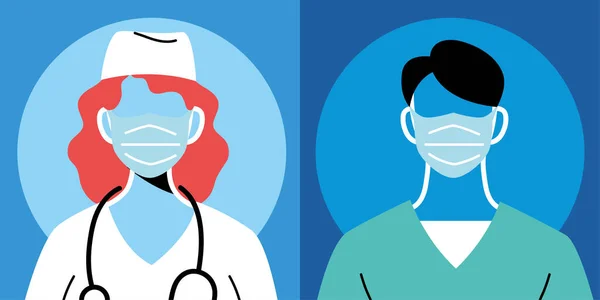 Médico feminino e masculino com máscara e desenho vetorial uniforme — Vetor de Stock
