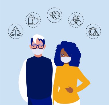 Koronavirüs koruması ve belirtileri olan erkek ve kadın.