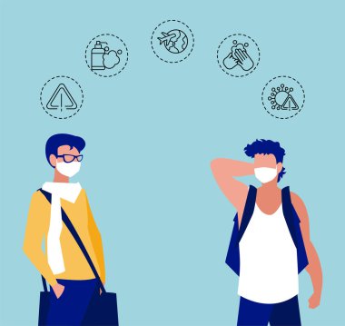 Koronavirüs koruması ve semptomları olan adamlar.