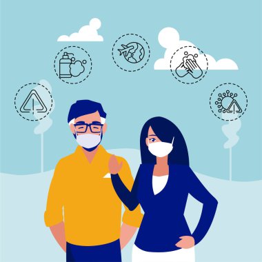 Koronavirüs koruması ve belirtileri olan erkek ve kadın.