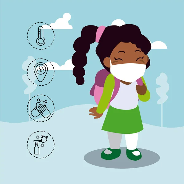 Kleines Mädchen mit Ikonen des Coronavirus-Schutzes und der Symptome — Stockvektor