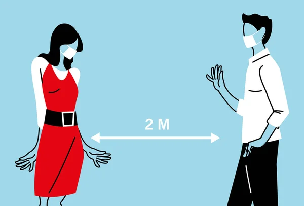 女性と男性の間の社会的距離マスクベクトルデザイン — ストックベクタ