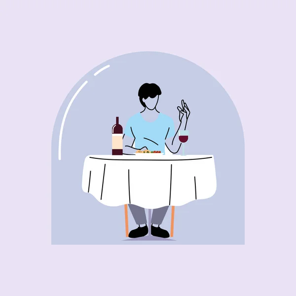 Соціальне дистанціювання в ресторані, людина їсть на столі, захист і запобігання коронавірусу або ковадла-19 — стоковий вектор